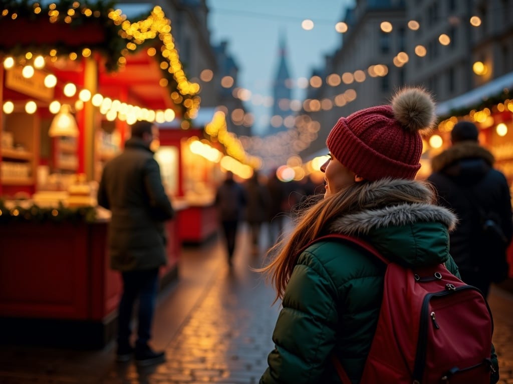 American family exploring a UK Christmas market with holiday lights in London