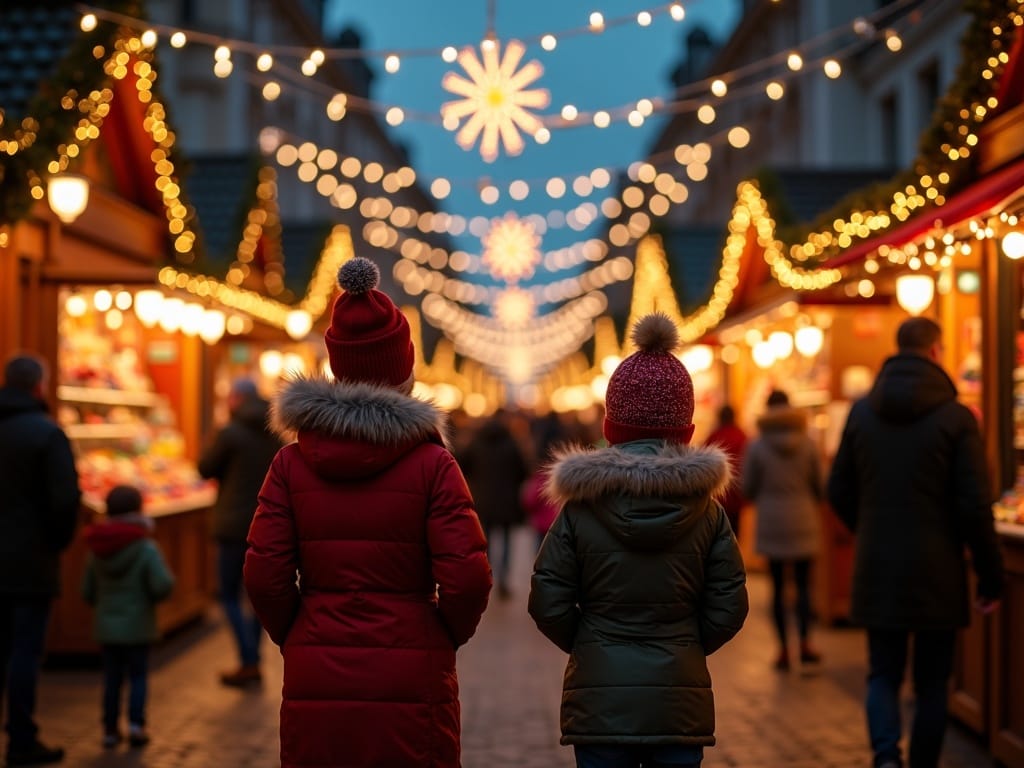 American family enjoying UK Christmas market under festive evening lights
