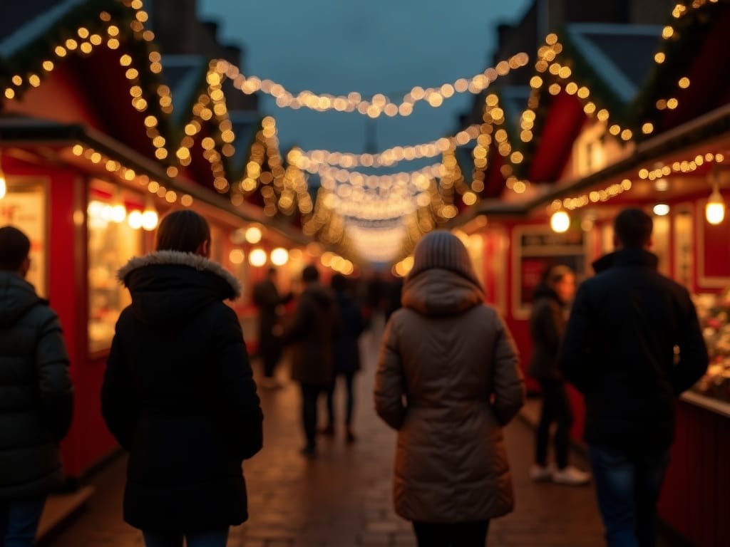 American family exploring a festive UK Christmas market under evening lights