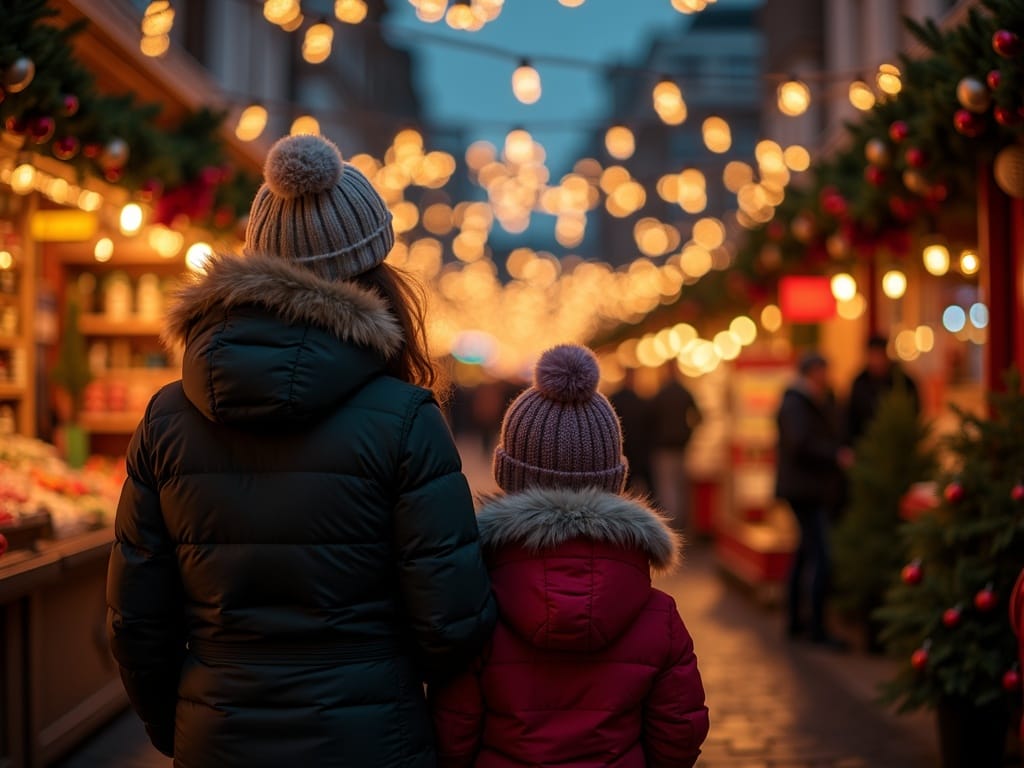 American family exploring outdoor UK Christmas market with festive lights