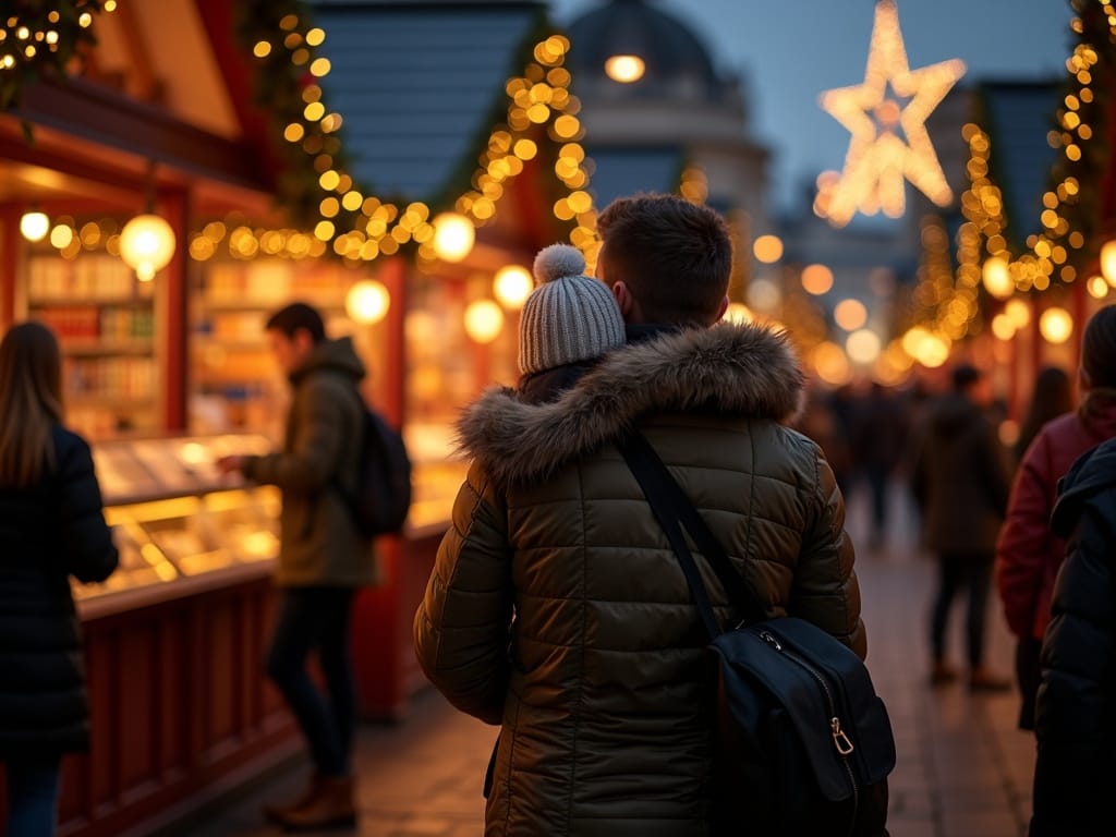 American family exploring festive UK Christmas market with bright evening lights and decorations