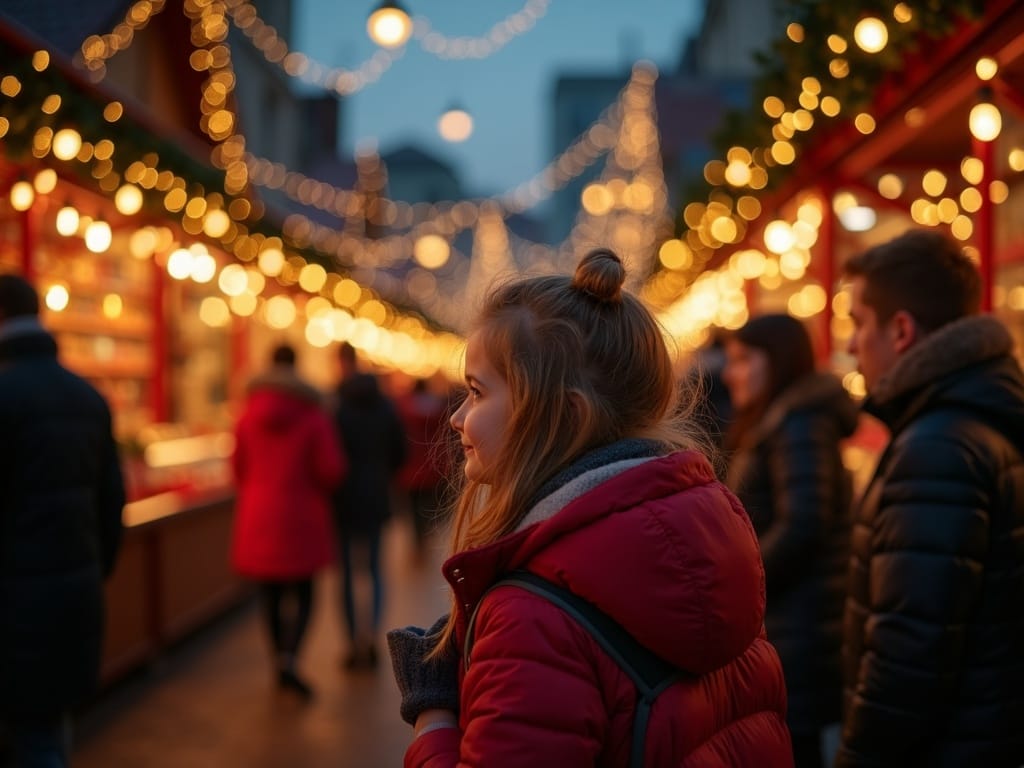 US family enjoying UK Christmas market under evening festive lights