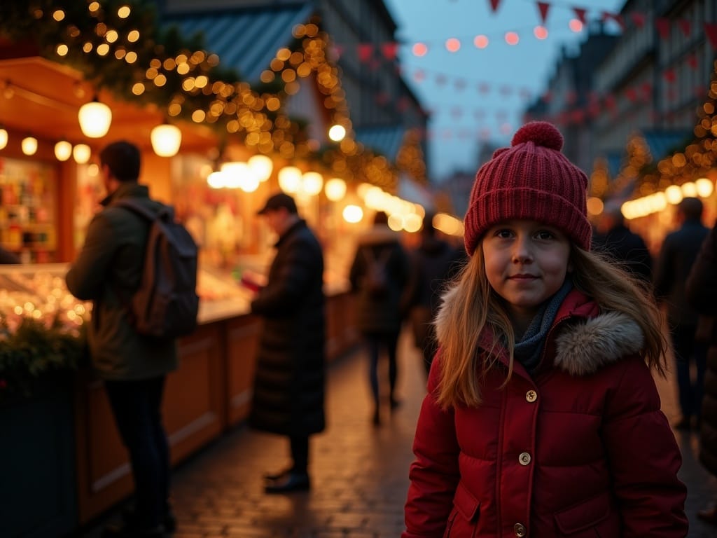 Family enjoying an outdoor UK Christmas market with red, green, and gold festive evening lights