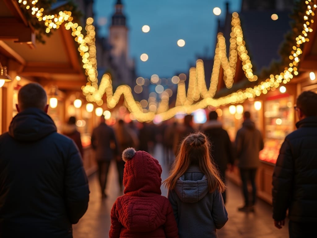 Family enjoying festive evening at outdoor UK Christmas market with red and gold lights
