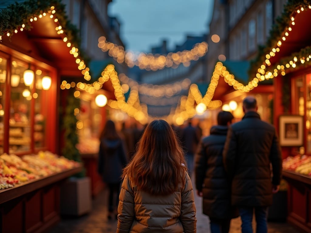 American family enjoying UK Christmas market under festive evening lights
