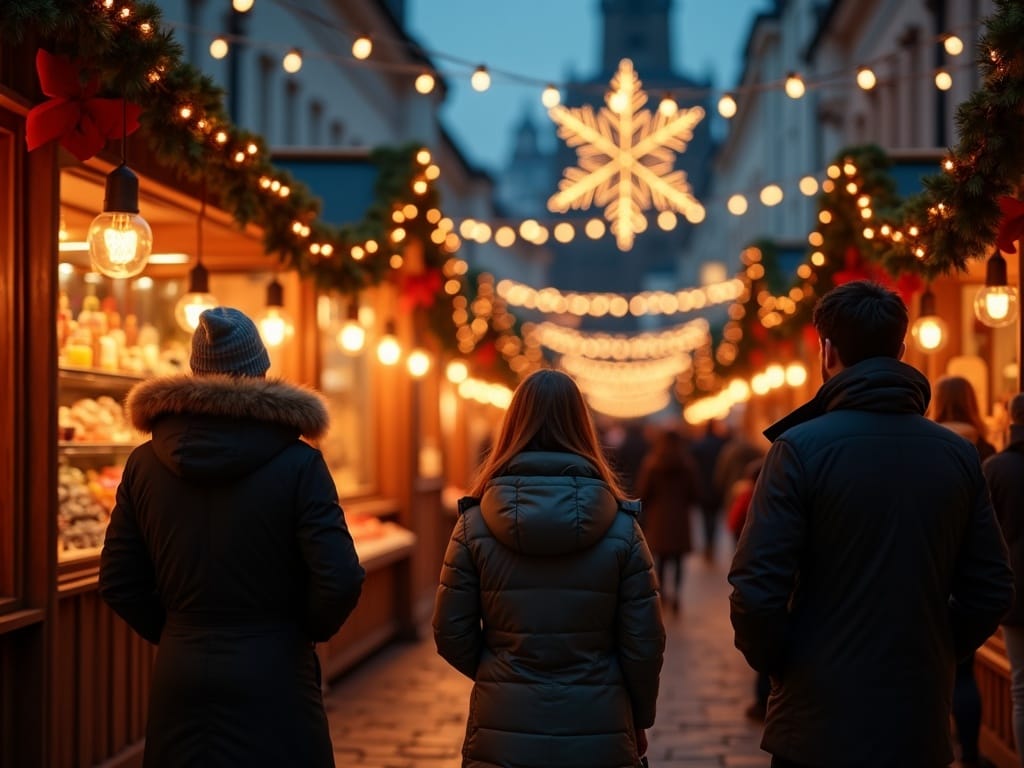 American family at a UK Christmas market under festive lights