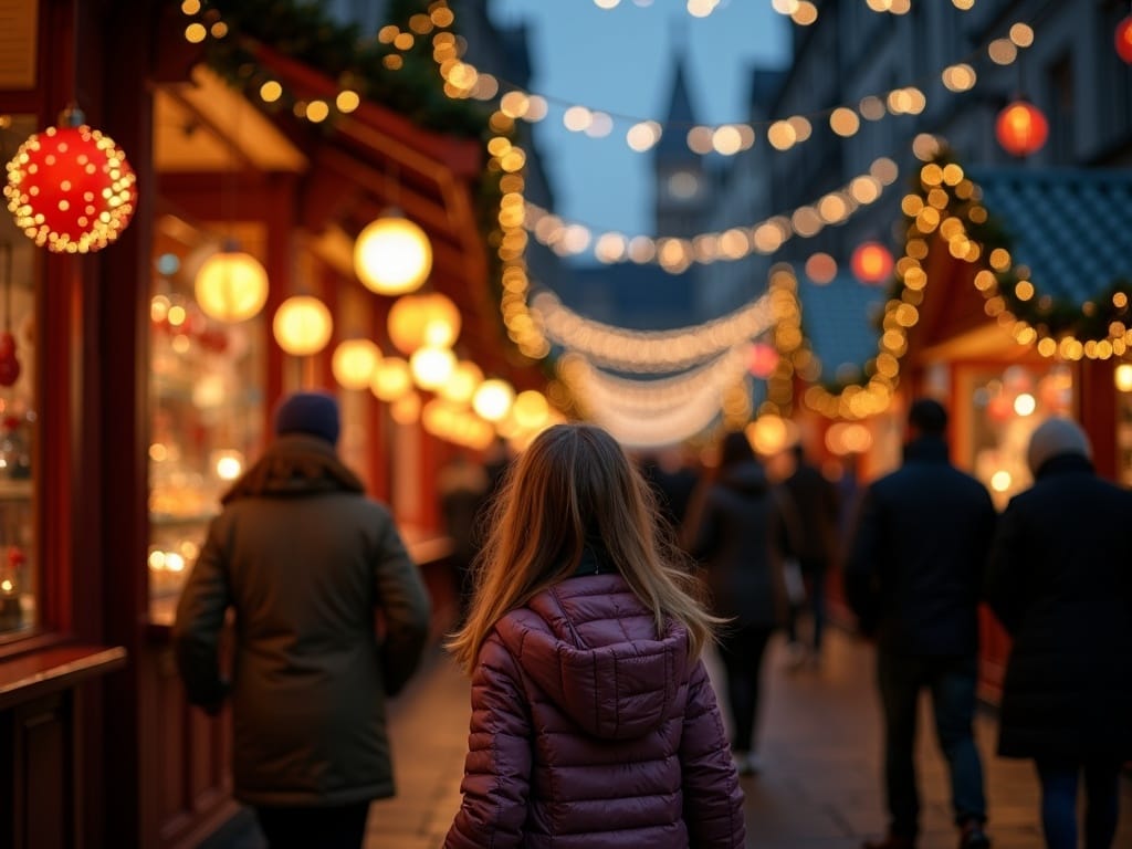 American family at outdoor London Christmas market with festive lights