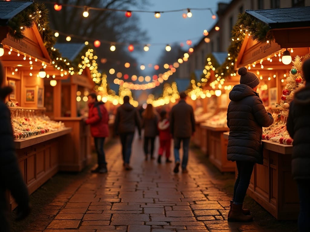 American family enjoying UK Christmas market under festive evening lights