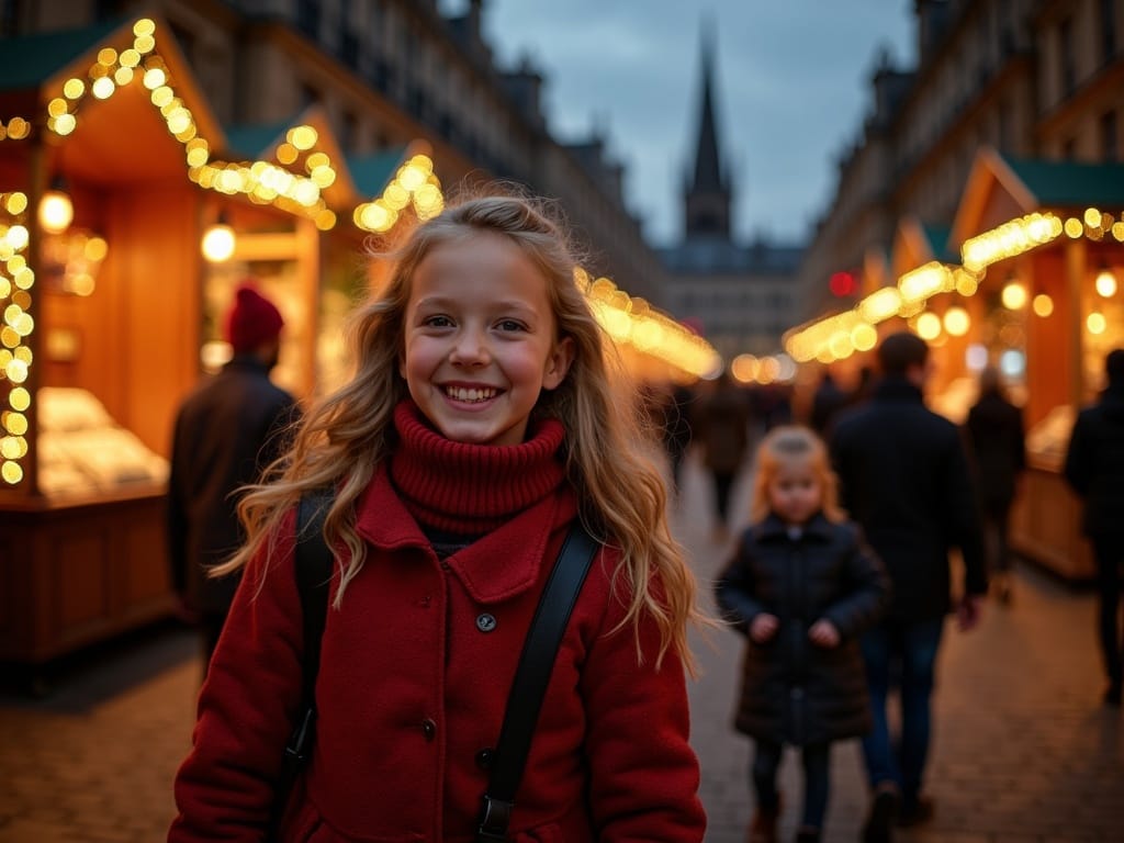 American family exploring festive outdoor Christmas market in Edinburgh