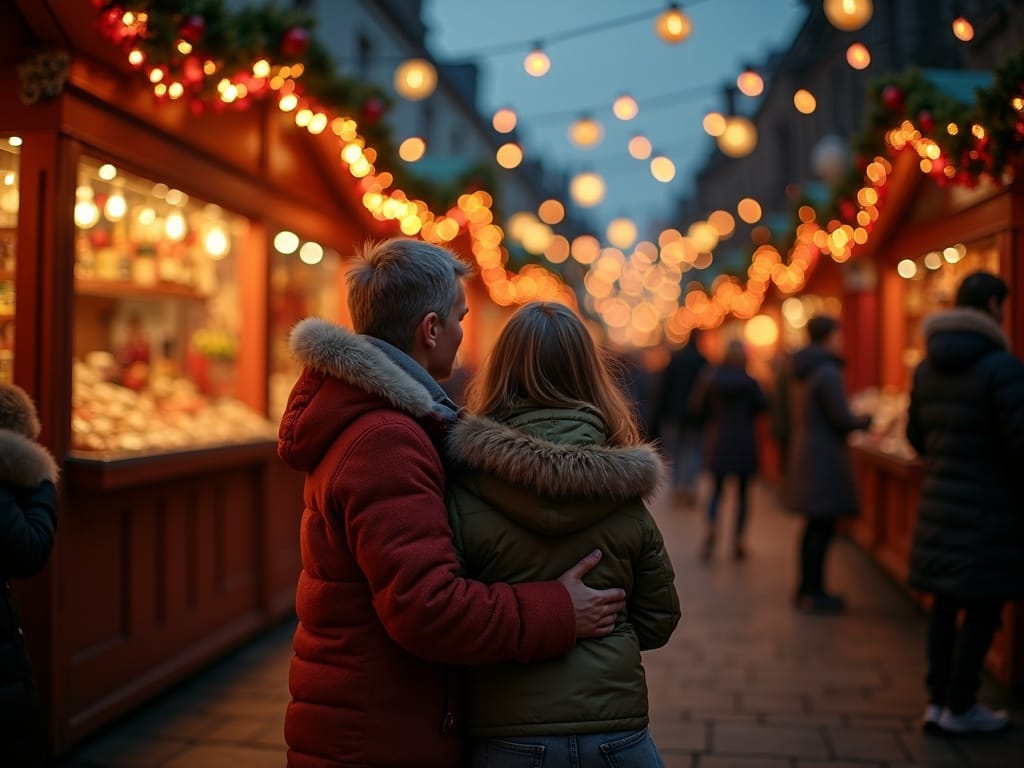 US family enjoying UK Christmas market with festive lights and decorations at night