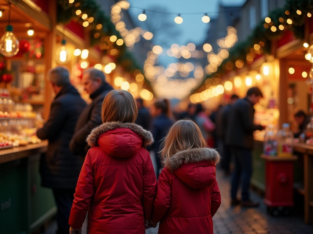 US family enjoying a UK Christmas market with red, green, and gold lights in the evening