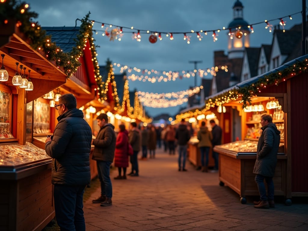 American family exploring a UK Christmas market under festive evening lights