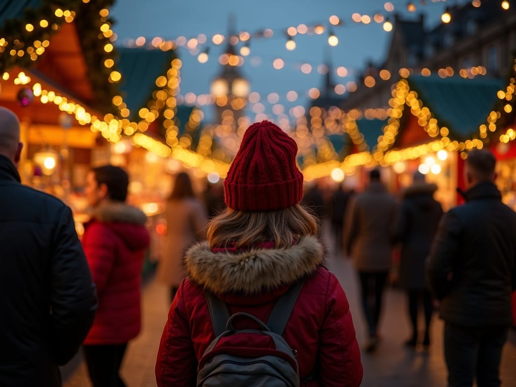 American family explores festive UK Christmas market lit by evening lights
