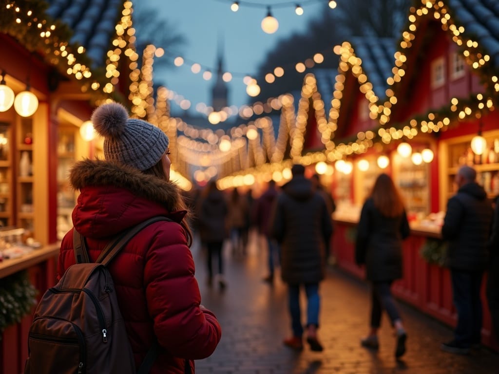 American family enjoying evening at UK Christmas market with festive lights