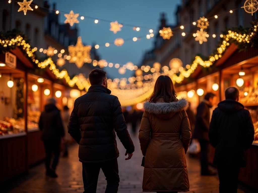 US family exploring festive UK Christmas market with lights and decorations