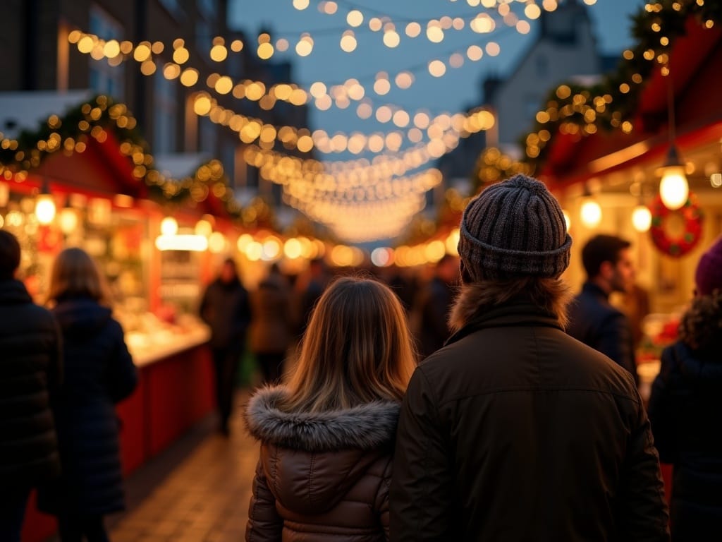 American family enjoying a UK Christmas market under festive evening lights