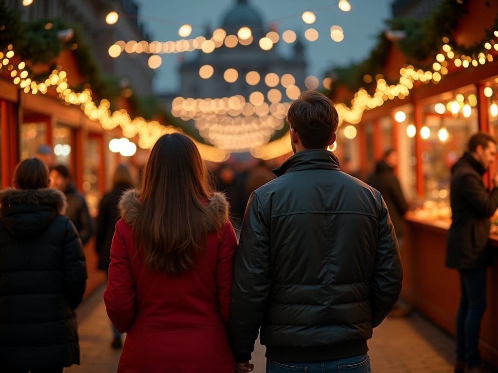 US family enjoying festive London Christmas market under glowing lights