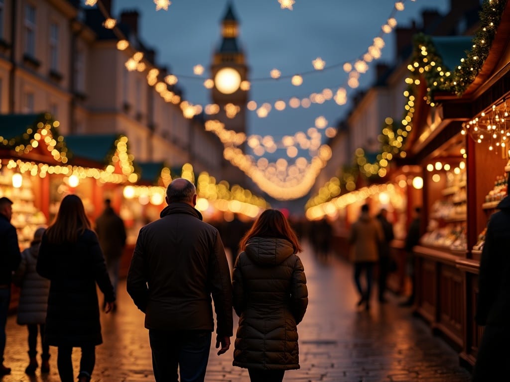 American family enjoying UK Christmas market with evening lights and festive decor