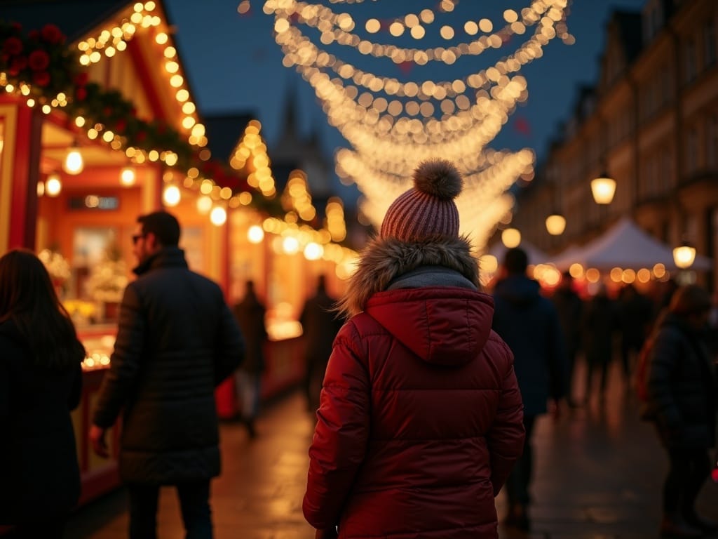 American family at UK outdoor Christmas market with lights, red and gold stalls, warm clothing, and winter cheer in evening setting