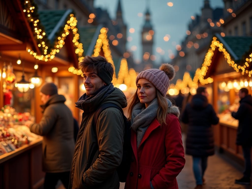 American family enjoys UK Christmas market under festive evening lights