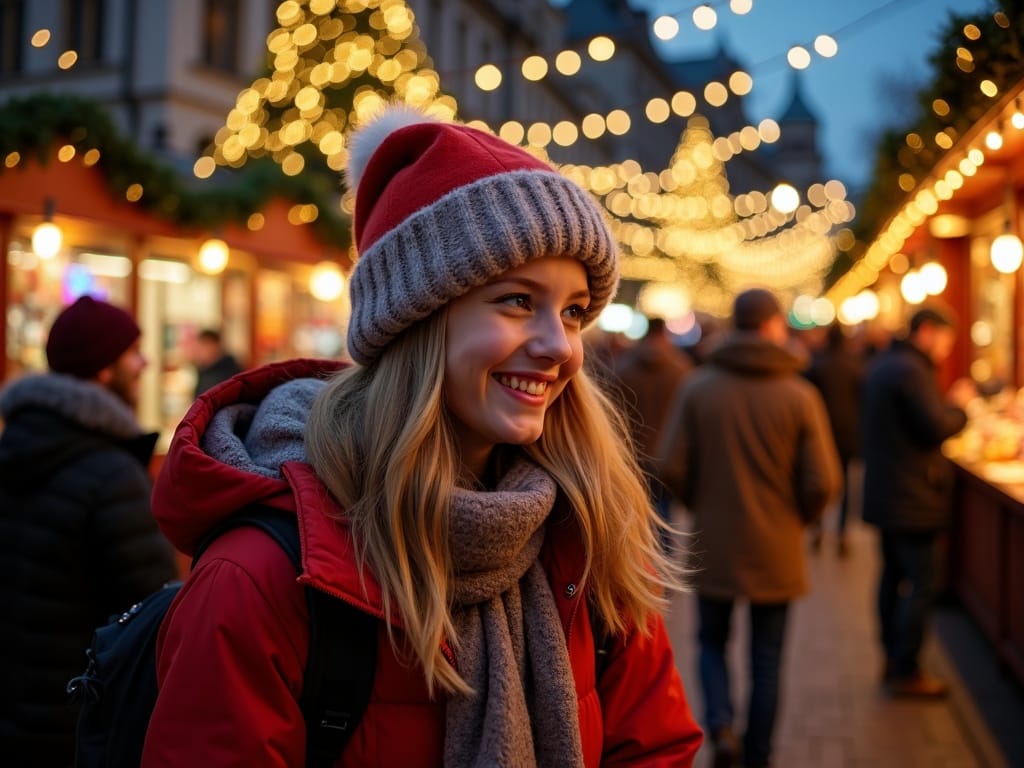 American family walking through UK Christmas market with evening lights