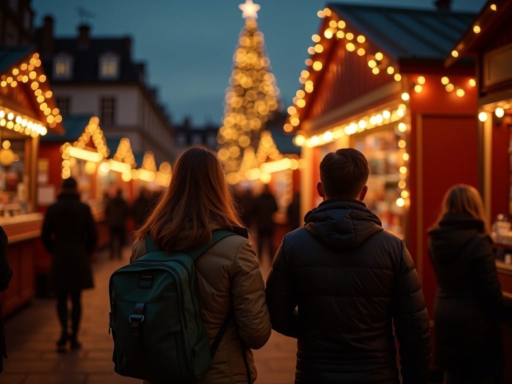 American family enjoying UK Christmas market under festive lights