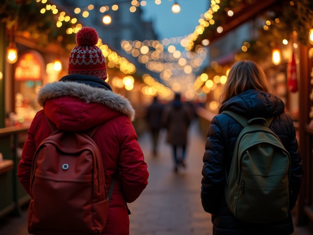 US family enjoys festive evening at outdoor UK Christmas market with glowing lights and decorations
