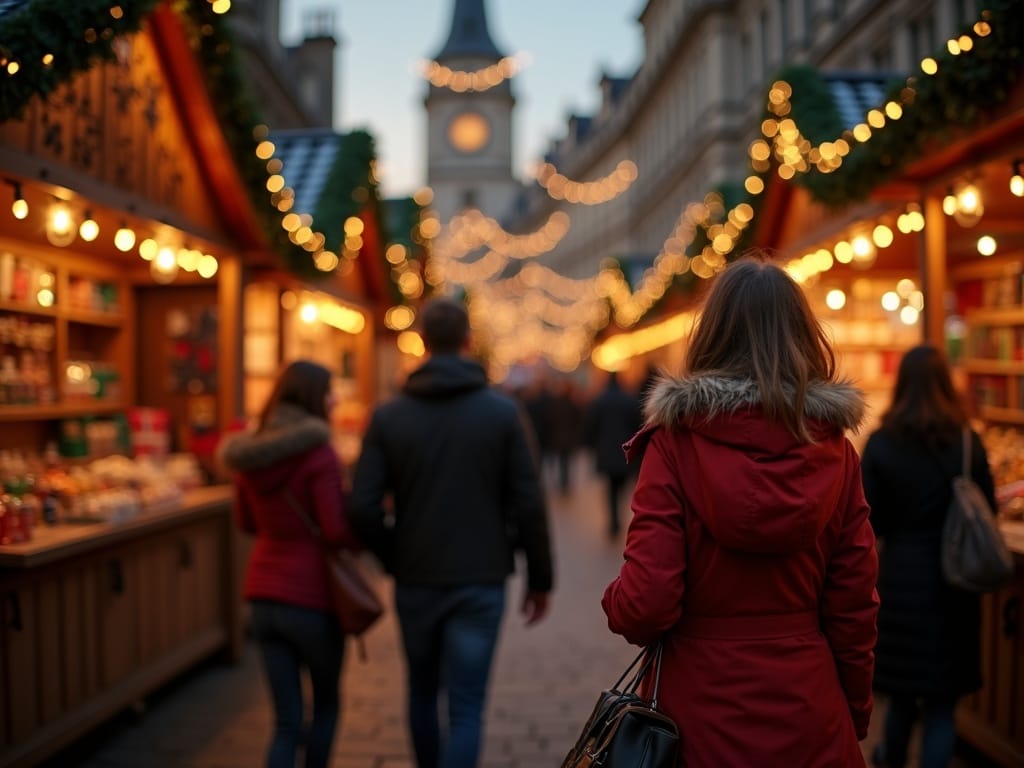 American family exploring a festive UK Christmas market with holiday lights