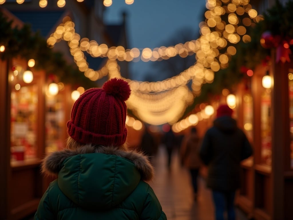 Family walking through festive UK Christmas market at night with red, green, and gold lights