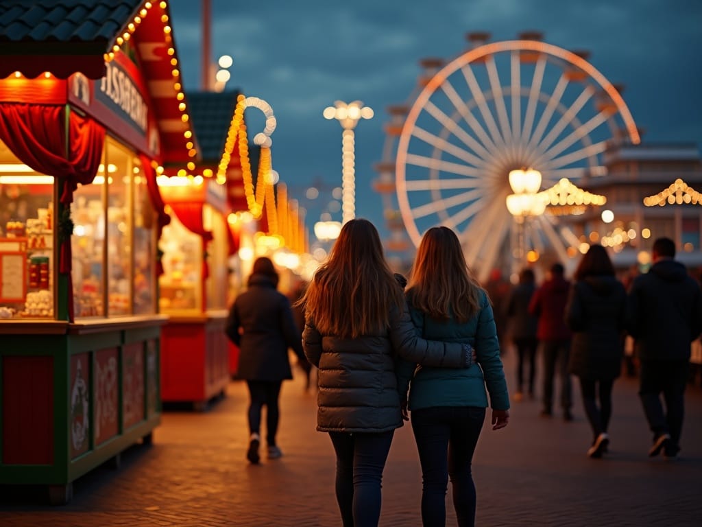 American family explores UK Christmas market at night, festive lights glowing