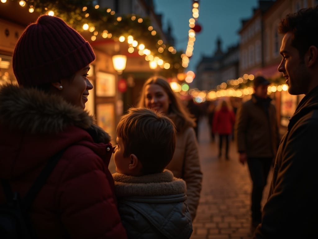 American family enjoying a UK Christmas market with red, green, and gold lights in the evening
