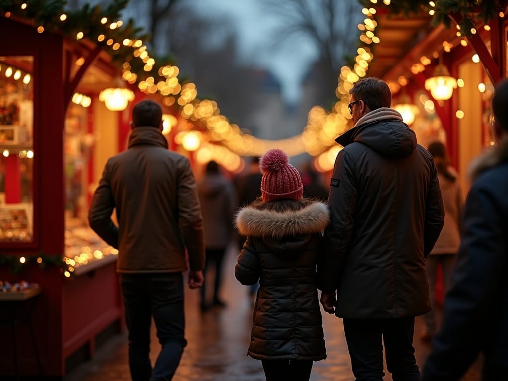 US family exploring a festive UK Christmas market with lights in the evening