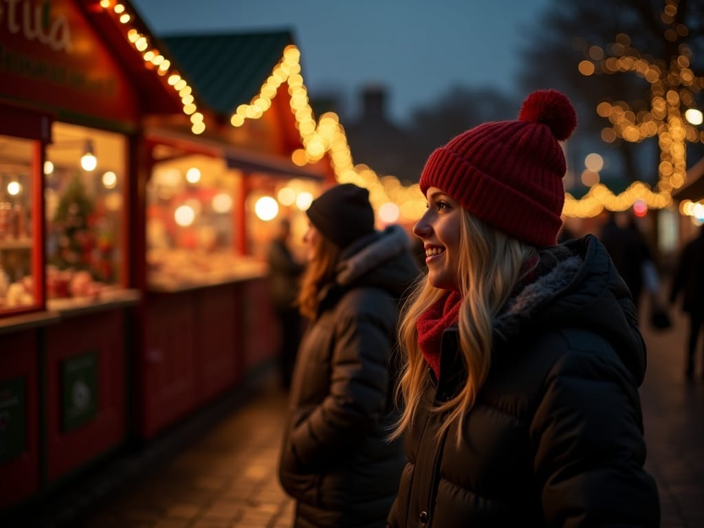 US family exploring a UK outdoor Christmas market lit with red, green, and gold evening lights
