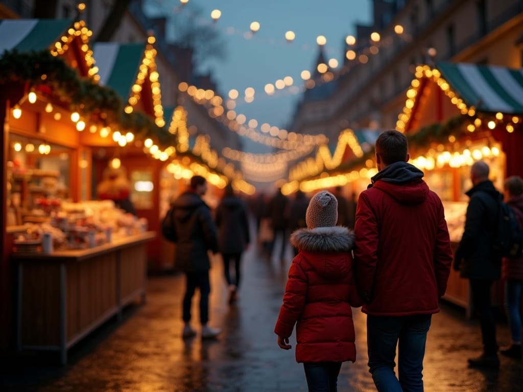 American family exploring UK Christmas market with festive lights at night