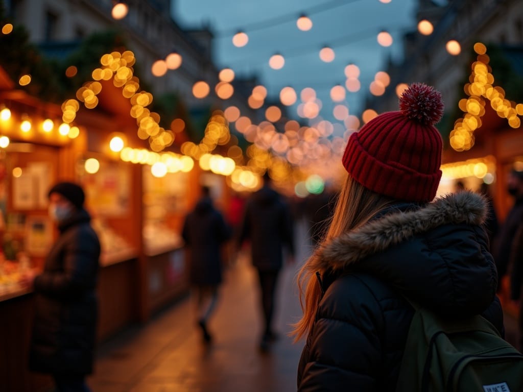 American family enjoying a UK Christmas market with festive lights in the evening