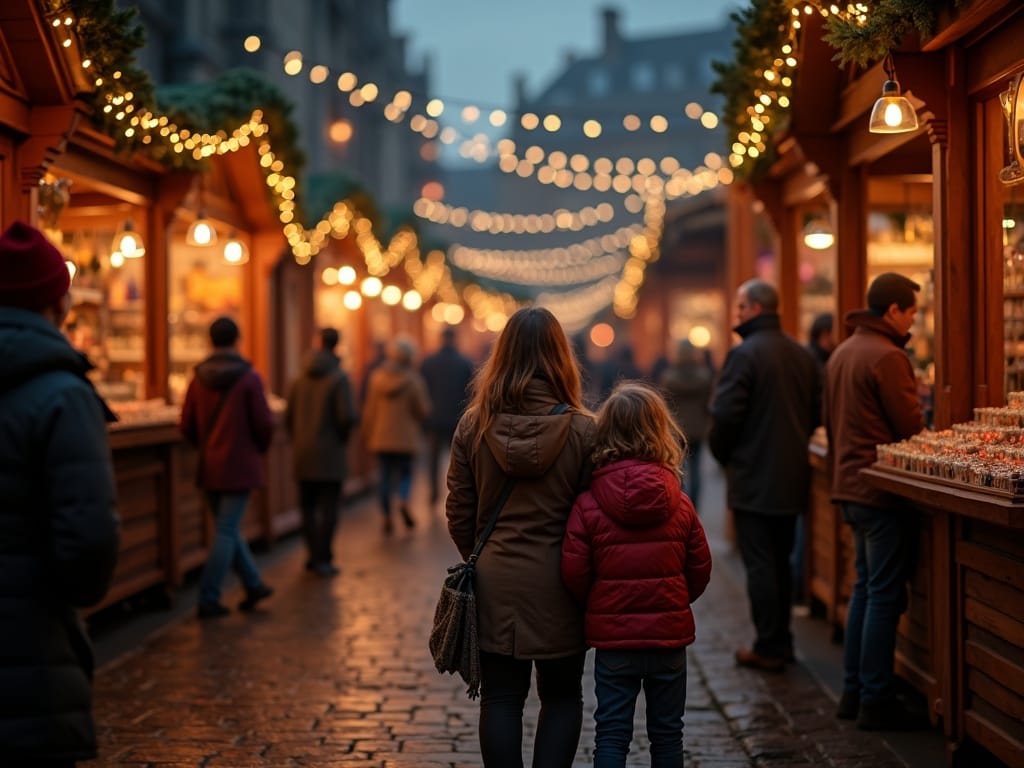 American family explores UK Christmas market in evening lights