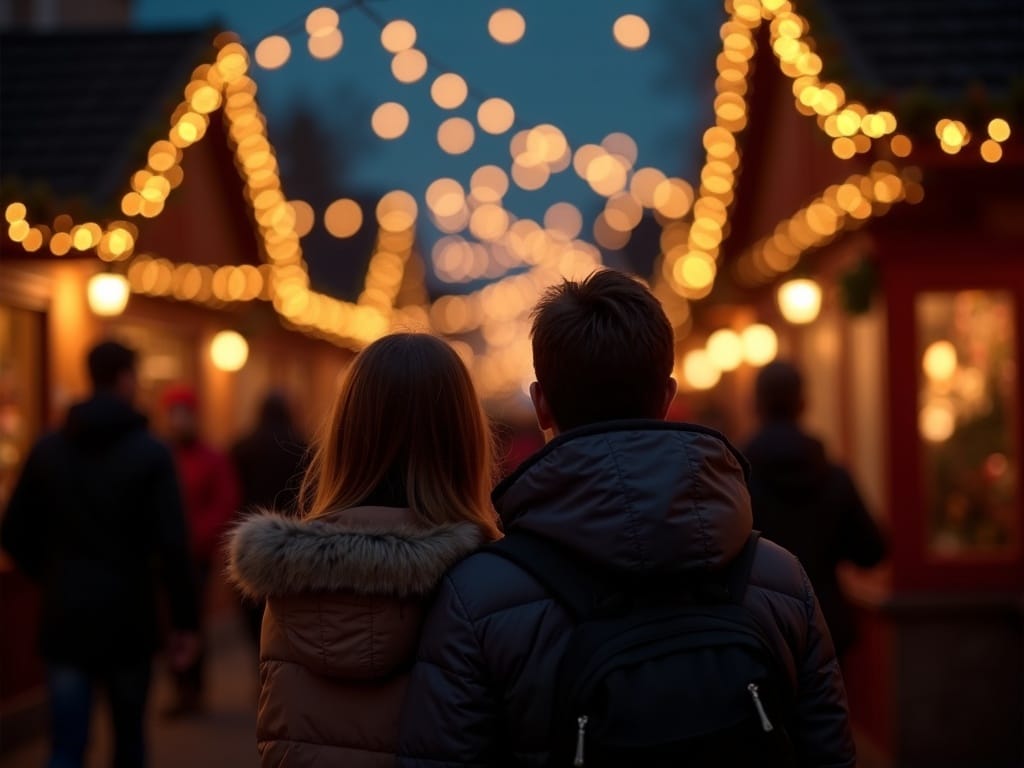 Family visits UK Christmas market with festive lights in evening