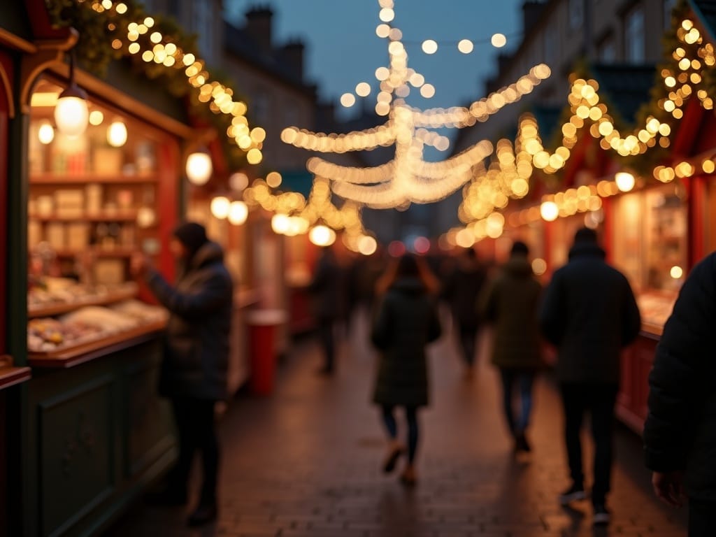 American family enjoying a UK Christmas market with festive lights