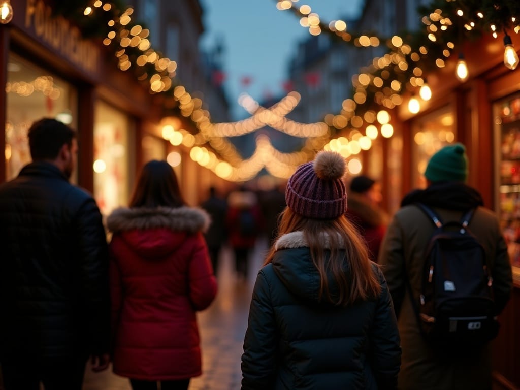 Family shopping at a festive outdoor Christmas market in London with lights and decorated stalls