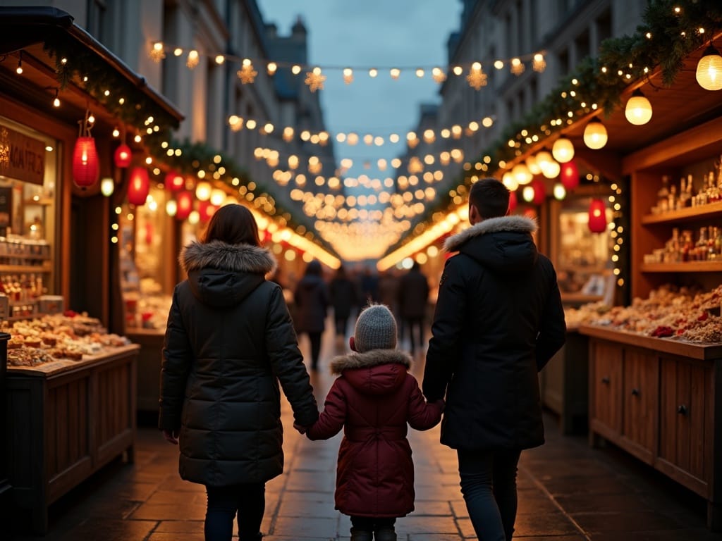 American family enjoying outdoor Christmas market in Camden, London with festive red, green and gold lights