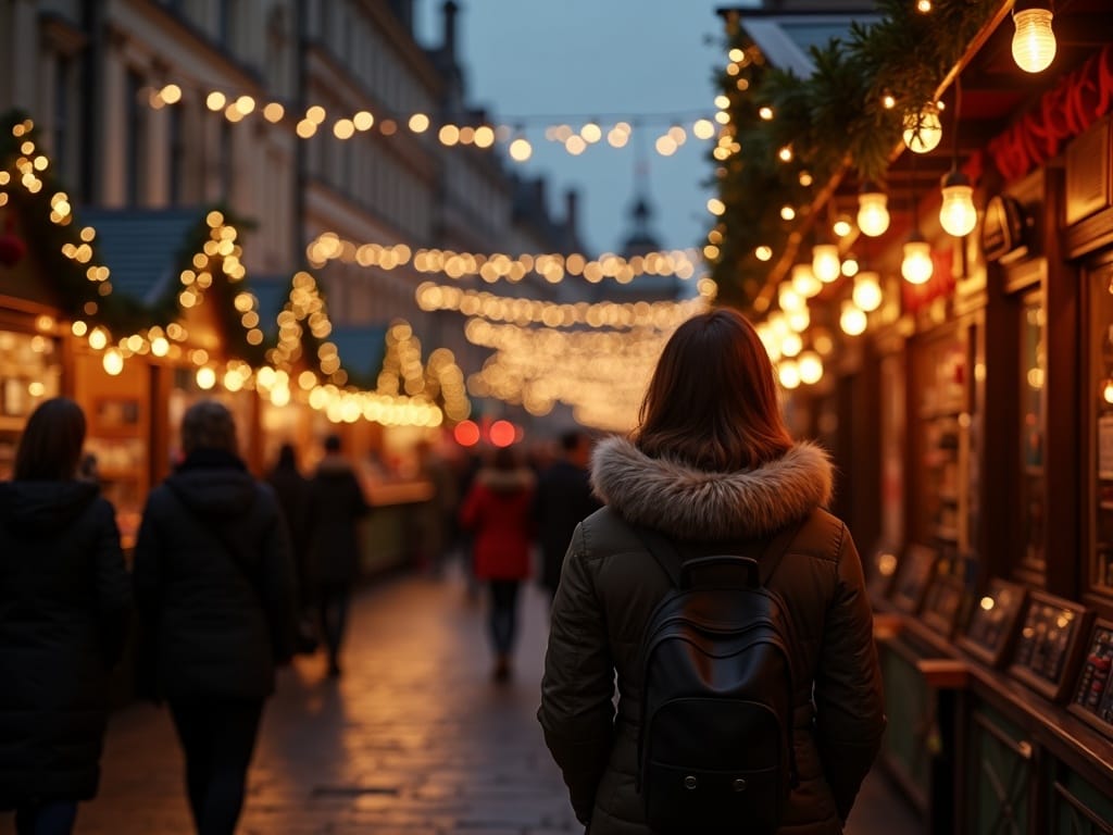 American family enjoying festive evening at UK Christmas market with lights and outdoor stalls