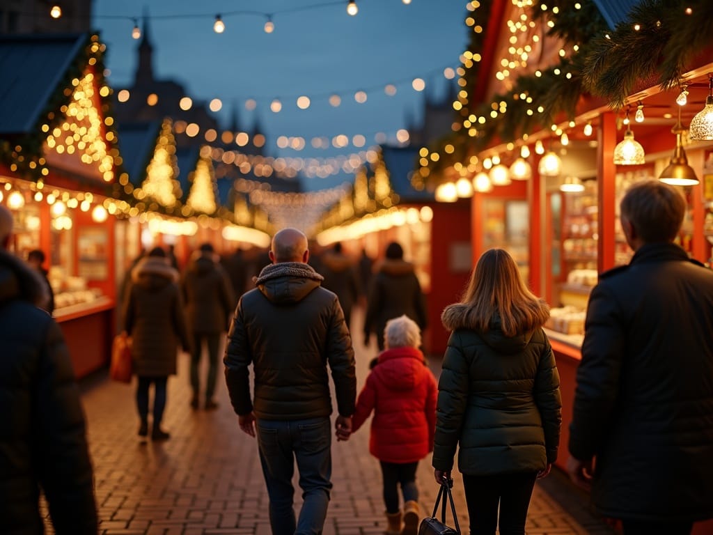 American family exploring a UK Christmas market under festive evening lights