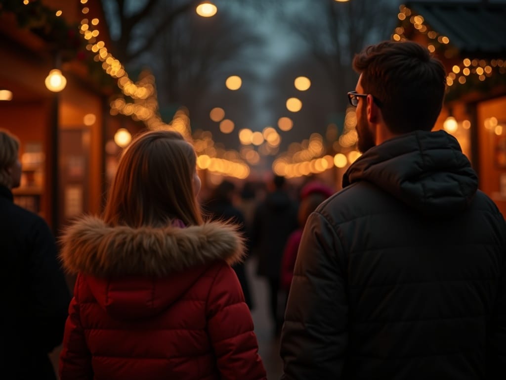 American family exploring UK Christmas market under festive lights