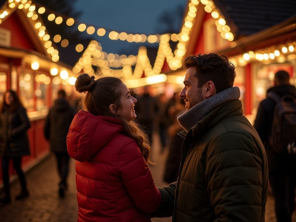 US family exploring festive UK Christmas market under evening lights
