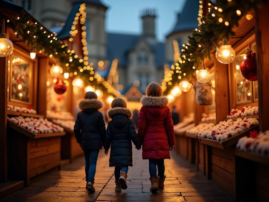 US family exploring Oxford Christmas market under festive lights