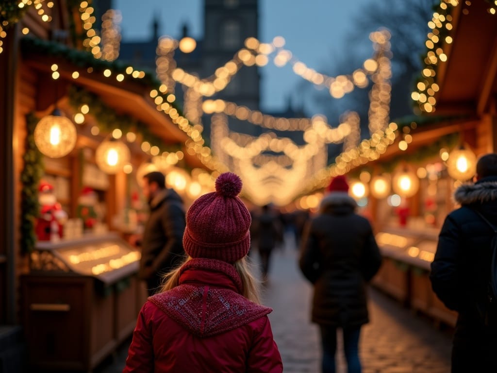 American family exploring Oxford Christmas market under festive lights