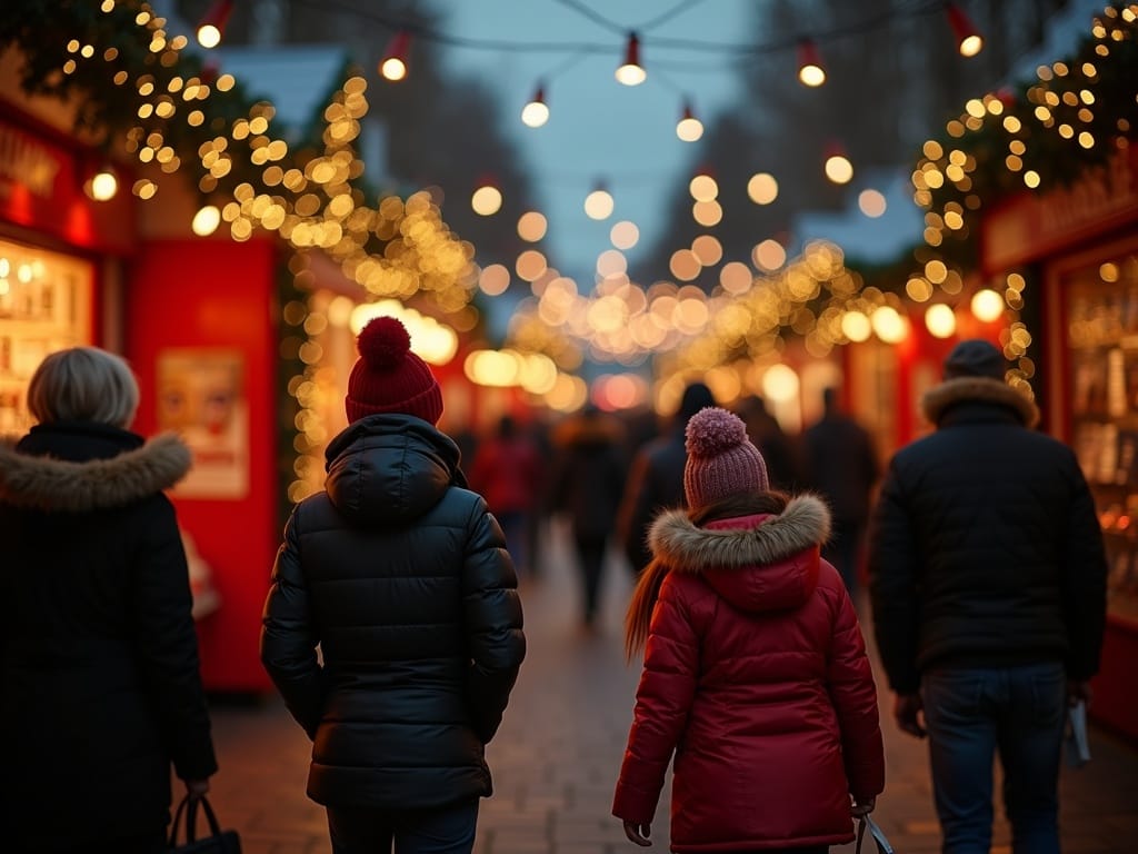 Family explores a festive UK Christmas market at night with colorful lights and shopping stalls