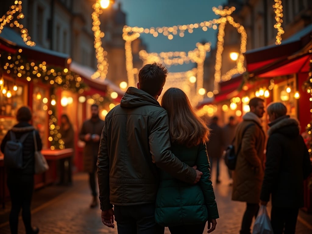 Family enjoying London Christmas market with festive lights and shopping stalls