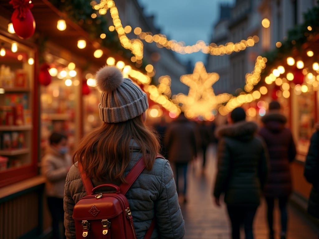 Family browsing festive stalls at a London Christmas market with evening lights