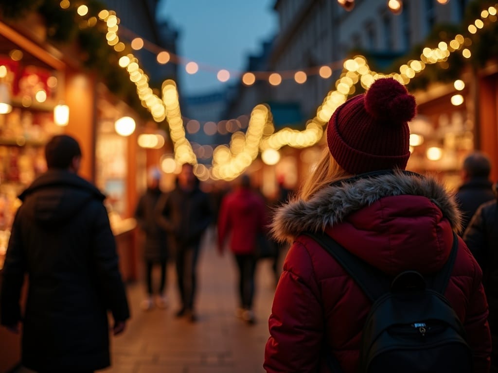 American family exploring a UK Christmas market under festive lights